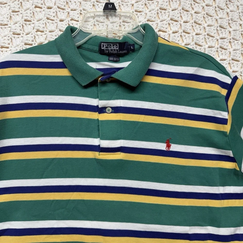 Polo Ralph Lauren Shirt Men L Green Blue White Stripe Red Pony Polo Vtg USA Made